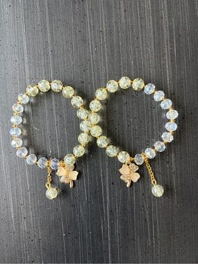 Gold-Tone Crystal Bead Stretch Bracelet with 4-leaf Clover Charm Set of 2
